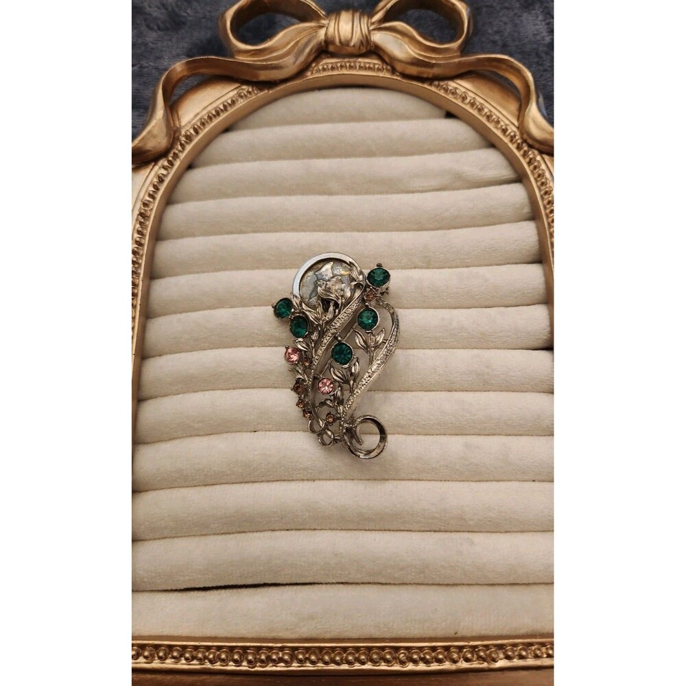 Vintage Green And Pink Floral Stone Brooch With 1940's Mercury Dime